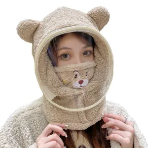 Cute bear ear fleece hoodie hat with anti-fog face shield for winter outdoor cycling