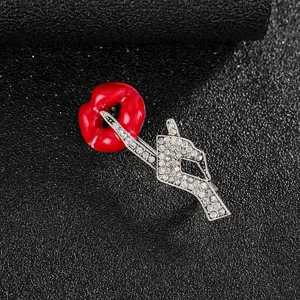 Creative red enamel lip brooch with sparkling rhinestones in a shush gesture