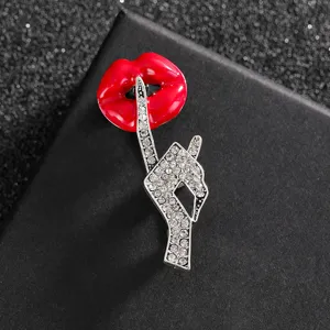 Creative red lips and rhinestone hand gesture brooch pin for sweater and accessories