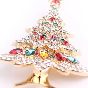 Exquisite gold-toned alloy Christmas tree brooch with colorful rhinestones for holiday