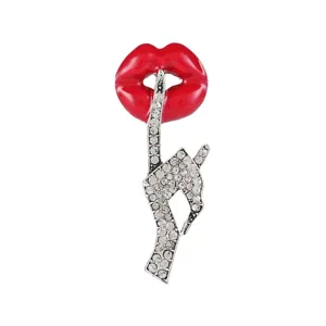 Creative red lips shush gesture brooch with sparkling rhinestones on silver metal base