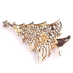 Back view of a gold-tone Christmas tree brooch made of alloy with secure pin clasp.