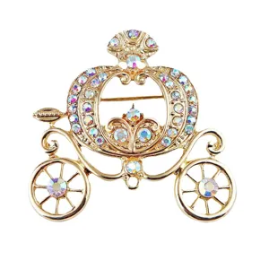 Exquisite Cinderella pumpkin carriage brooch with iridescent rhinestones in gold tone