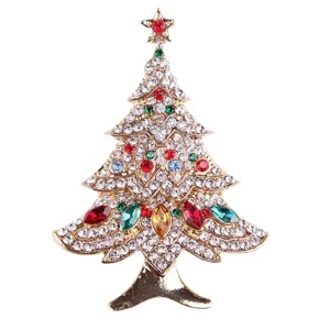 Elegant alloy Christmas tree brooch featuring colorful rhinestones and glass gems