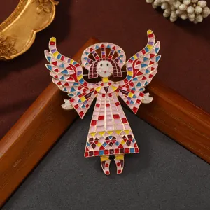 Vintage alloy painted angel girl brooch with colorful wings and artistic mosaic pattern