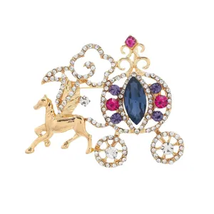 Vintage gold hollow pumpkin carriage brooch with colorful rhinestones and Pegasus horse