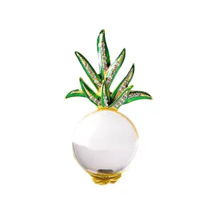Elegant 3D pineapple brooch featuring a large jelly glass body and rhinestone green leaves