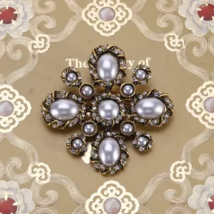 Vintage Baroque cross brooch with grey pearls and rhinestones in antique gold finish