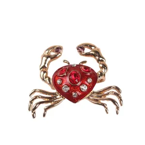 Exquisite gold-plated crab brooch with red enamel and sparkling crystal rhinestones