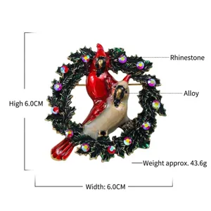 Vintage Weihnachts-Vogelkranz-Brosche mit bunten Strasssteinen und Emaille, 6x6cm Größe