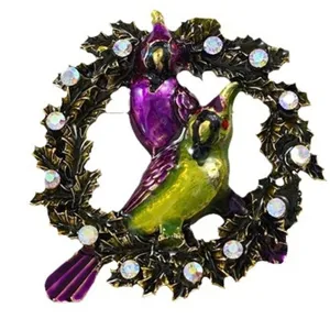 Elegante Vintage-Emaille-Vogelkranz-Brosche mit schillernden Strasssteinen Anstecknadel.