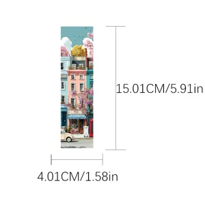 Detail view showing dimensions of vintage city architecture illustration paper bookmark