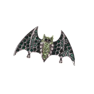 Green rhinestone bat brooch pin in vintage silver alloy finish for animal lovers