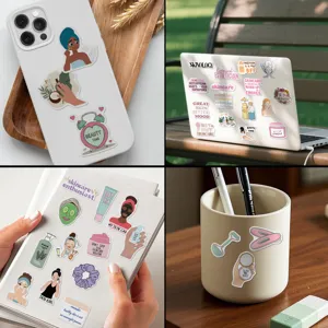 Variety of cartoon skincare stickers applied to laptop, phone case, and stationery.
