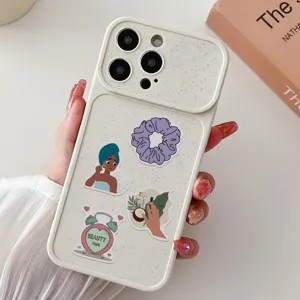 Detail view of cute cartoon skincare stickers applied to a textured off-white phone case