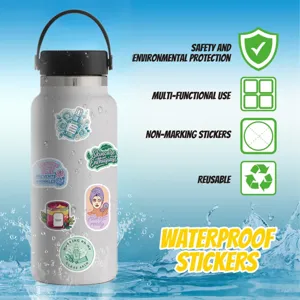Detailed view of waterproof skincare and beauty stickers on a white water bottle.