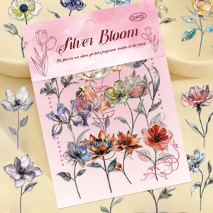 Detailed view of 50pcs watercolor floral stickers with silver accents for DIY decoration