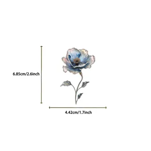 Detailed dimension display of watercolor blue flower PET sticker with silver accents