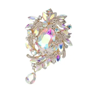 Spilla di lusso in strass e cristallo AB con ciondolo a goccia colorato per cappotto