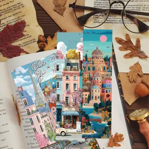 Set of three vintage architectural illustration bookmarks on an open book background
