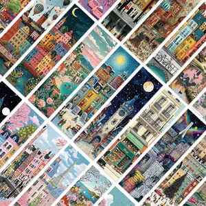 Detailed grid view of thirty premium retro city architecture illustration paper bookmarks
