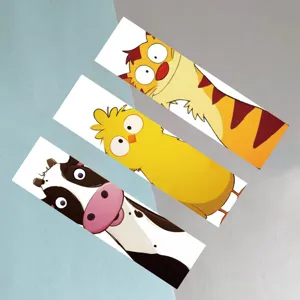 Funny cartoon animal paper bookmarks featuring big-eyed cat chick and cow designs