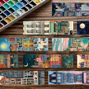 Close-up of vintage city architecture paper bookmarks with watercolor illustration