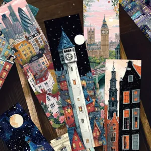 Artistic city architecture bookmarks featuring Big Ben and starry night sky illustrations