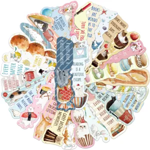 A detailed view showing a variety of cute cat-themed bookmarks with inspiring English quotes.