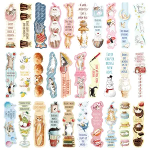 Set of 30 cute cartoon cat bookmarks featuring inspirational English reading quotes.