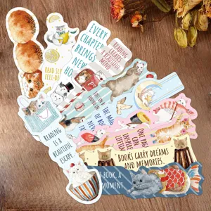 Detailed collage of watercolor cartoon cat bookmarks with inspirational English quotes.