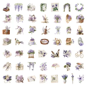50 adesivi PET fiori viola con design vintage di lettere e fiori