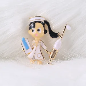 Detail view of a cute cartoon nurse enamel pin on soft white faux fur background.
