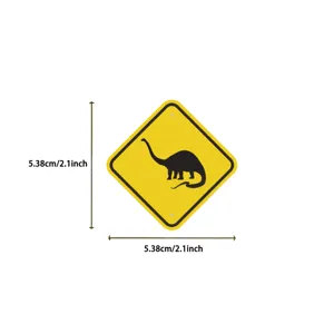 Yellow diamond dinosaur warning sign sticker showing 5.38cm by 2.1inch dimensions