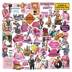 Collage di 50 adesivi a fumetti che ritraggono donne nell'edilizia e nei mestieri.