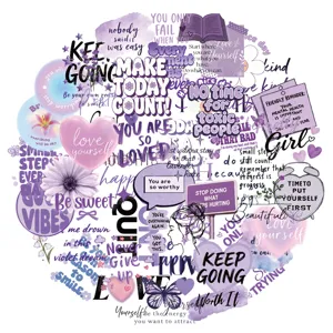 Collage of transparent purple PET stickers with various motivational English quotes