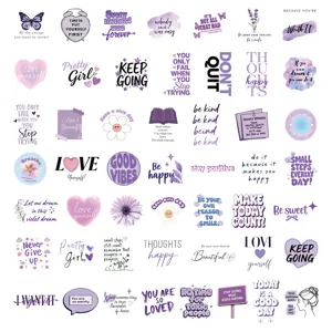 Detailed collection of 50 purple inspirational PET stickers for journal decoration and DIY