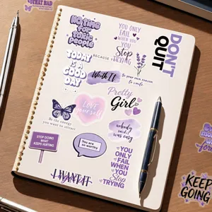 Detailed view of purple motivational PET stickers decorating a cream notebook page
