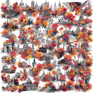 Detailed artistic PET stickers featuring world landmarks and vibrant floral designs.