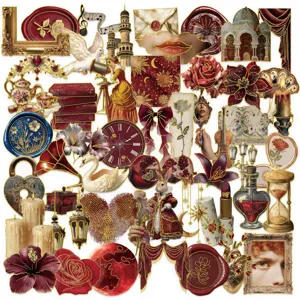 Close-up detail showing various 50pcs vintage European court gold stamped PET stickers