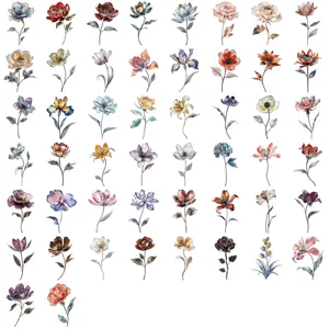 Detailed view of 50 unique watercolor floral stickers with silver foil accents
