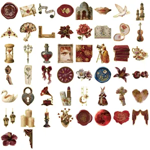 Detail view of vintage European palace stickers with gold foil accents for DIY scrapbooking