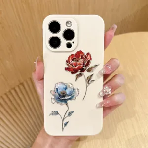 Close-up detail of watercolor floral PET stickers with silver foil on a cream phone case