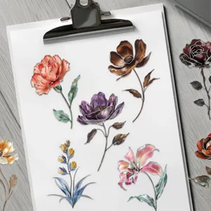 Detail view of watercolor floral stickers with elegant silver stamping for DIY crafts.