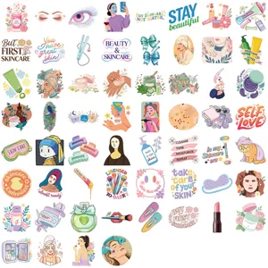 Colorful cartoon skincare and beauty stickers with motivational English text for decor.
