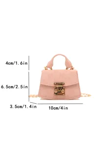 Pink mini crossbody accessory bag for women with detailed size measurements in inches