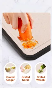 Detailed shot of wheat straw cutting board highlighting the garlic and ginger grinding surface