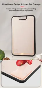 Detail view of the functional juice groove on a wheat straw cutting board with tomato
