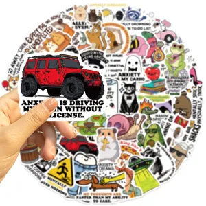 Close-up of a red SUV sticker featuring a humorous anxiety quote from a diverse sticker pack