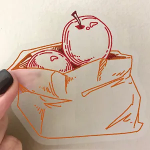 Dettaglio di un adesivo in PET trasparente con disegno a linee di mele fatto a mano